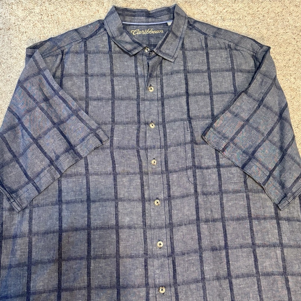 Caribbean Linen Blend Blue Plaid Button Down Shirt Mens 3XT Short Sleeve Pocket